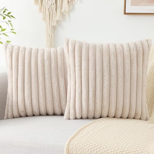 Pallene Faux Fur Plush Christmas Throw Pillow Covers 18x18 Set of 2 - Luxury Soft Fluffy Striped Decorative Pillow Covers for Sofa, Couch, Living Room - Cream White