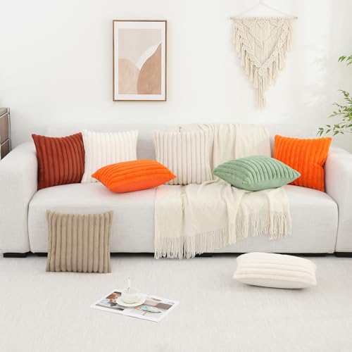 Pallene Faux Fur Plush Christmas Throw Pillow Covers 18x18 Set of 2 - Luxury Soft Fluffy Striped Decorative Pillow Covers for Sofa, Couch, Living Room - Cream White