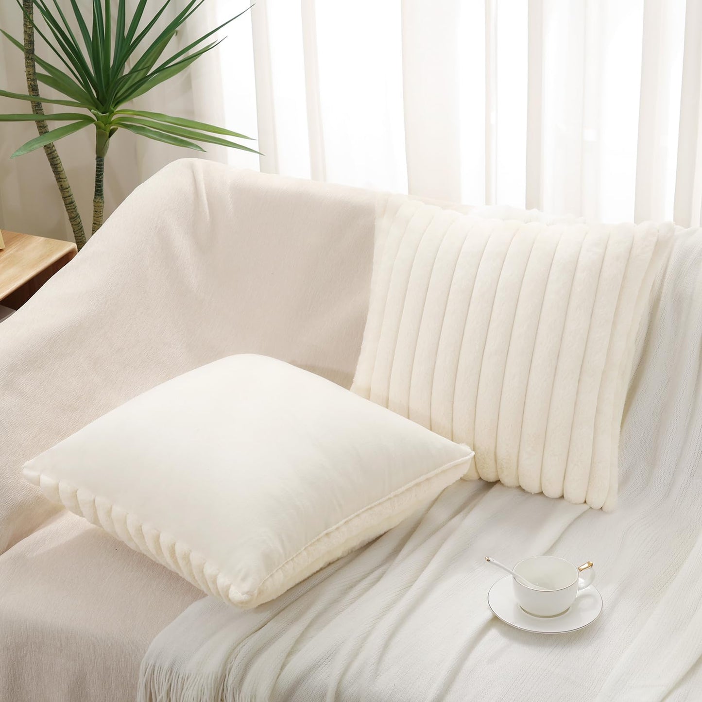 Pallene Faux Fur Plush Christmas Throw Pillow Covers 18x18 Set of 2 - Luxury Soft Fluffy Striped Decorative Pillow Covers for Sofa, Couch, Living Room - Cream White