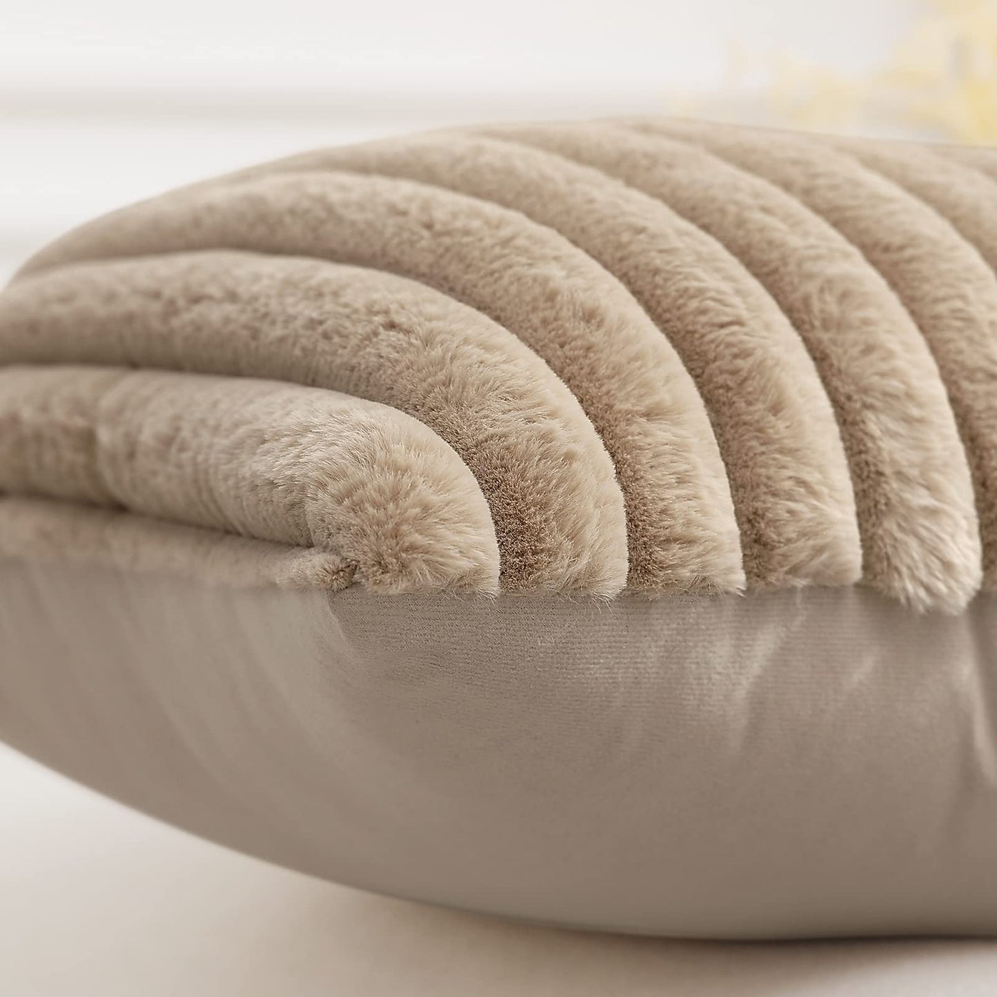 Pallene Faux Fur Plush Christmas Throw Pillow Covers 18x18 Set of 2 - Luxury Soft Fluffy Striped Decorative Pillow Covers for Sofa, Couch, Living Room - Cream White
