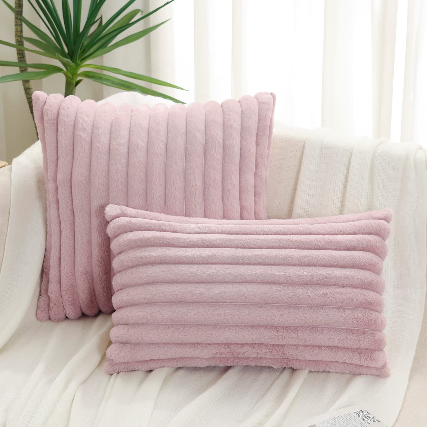 Pallene Faux Fur Plush Christmas Throw Pillow Covers 18x18 Set of 2 - Luxury Soft Fluffy Striped Decorative Pillow Covers for Sofa, Couch, Living Room - Cream White