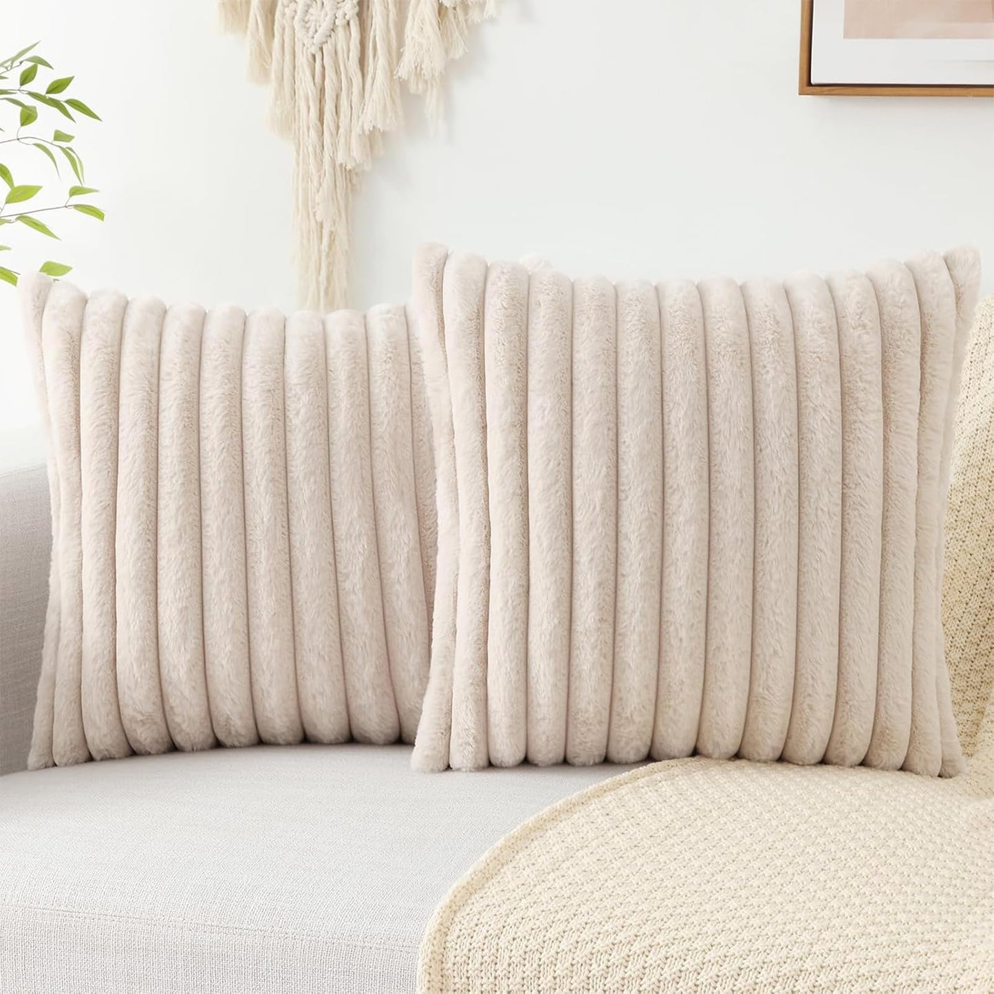 Pallene Faux Fur Plush Christmas Throw Pillow Covers 18x18 Set of 2 - Luxury Soft Fluffy Striped Decorative Pillow Covers for Sofa, Couch, Living Room - Cream White