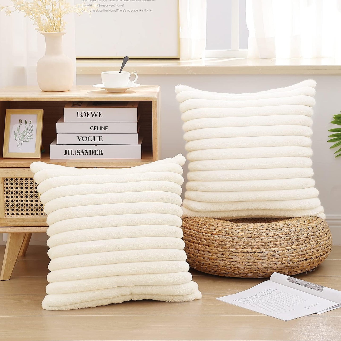 Pallene Faux Fur Plush Christmas Throw Pillow Covers 18x18 Set of 2 - Luxury Soft Fluffy Striped Decorative Pillow Covers for Sofa, Couch, Living Room - Cream White