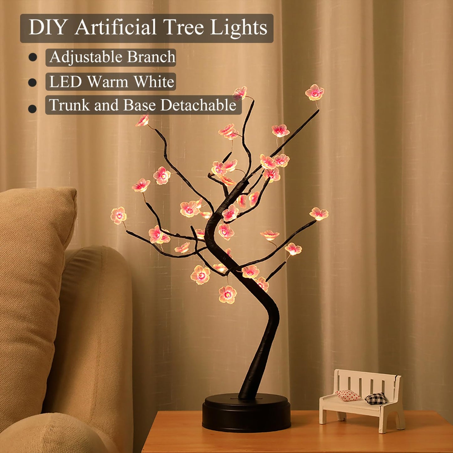 Room Decor, 20" 108 LED Tabletop Bonsai Tree Light, DIY Artificial Tree Lamp, Battery/USB Operated, Aesthetic Lamps for Living Room Bedroom Christmas Home Gifts House Decor (Warm White)