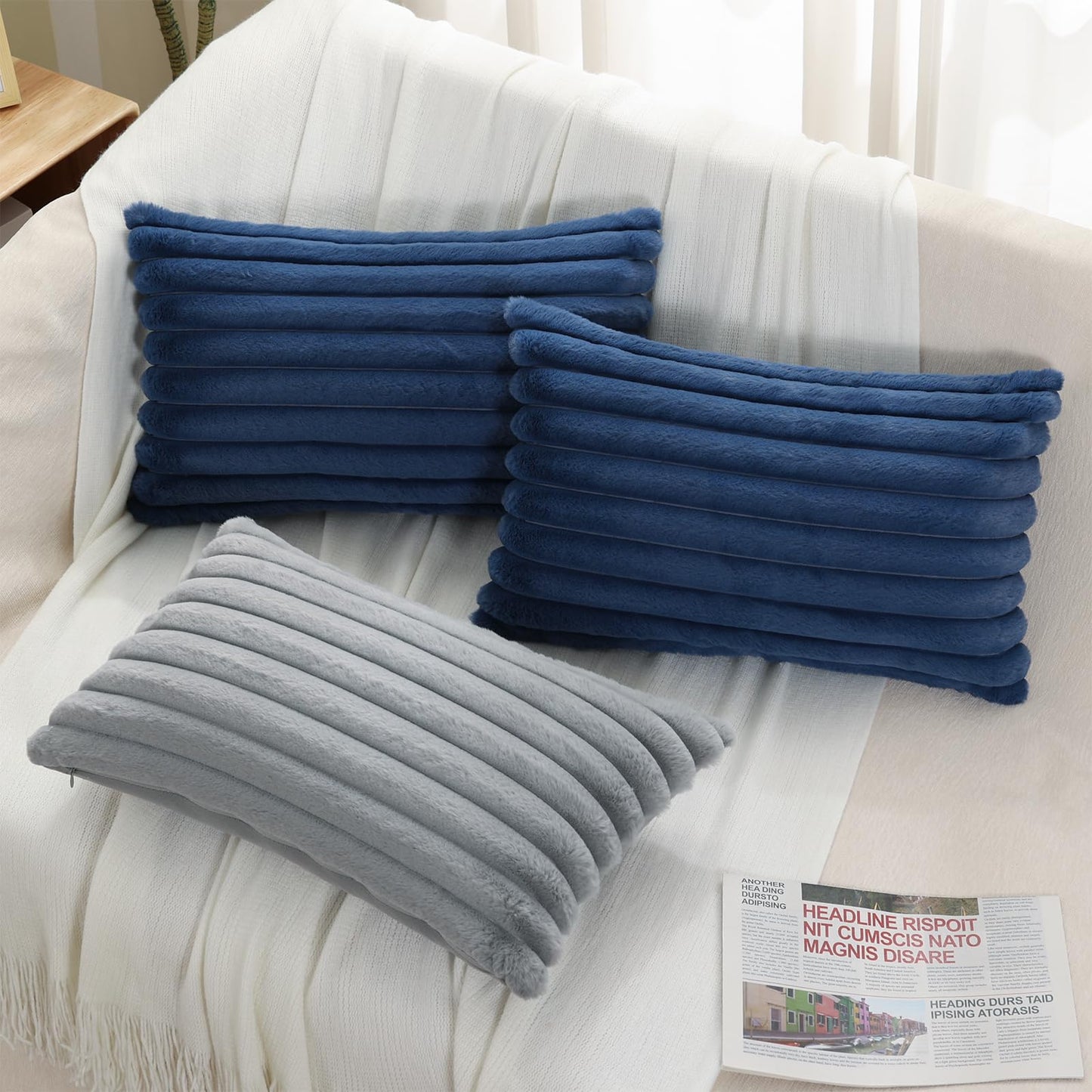 Pallene Faux Fur Plush Christmas Throw Pillow Covers 18x18 Set of 2 - Luxury Soft Fluffy Striped Decorative Pillow Covers for Sofa, Couch, Living Room - Cream White