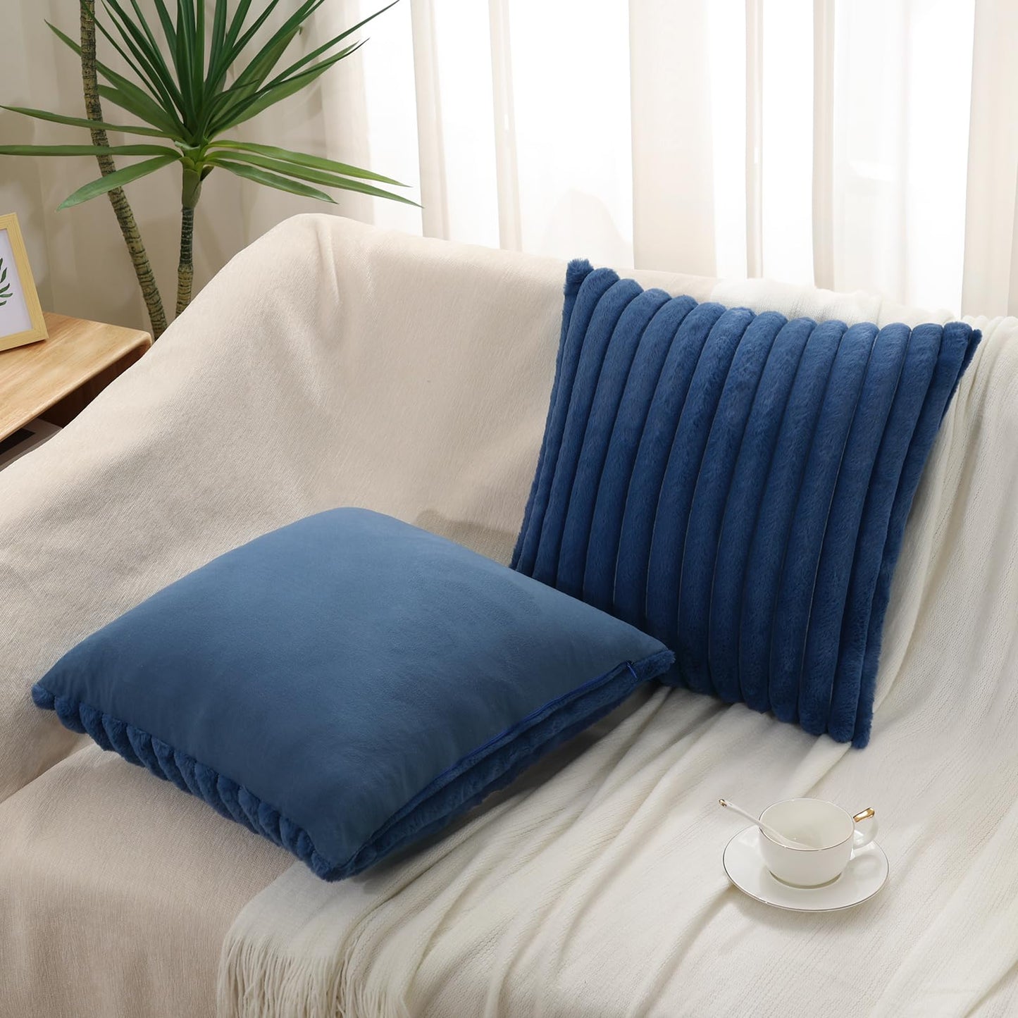 Pallene Faux Fur Plush Christmas Throw Pillow Covers 18x18 Set of 2 - Luxury Soft Fluffy Striped Decorative Pillow Covers for Sofa, Couch, Living Room - Cream White