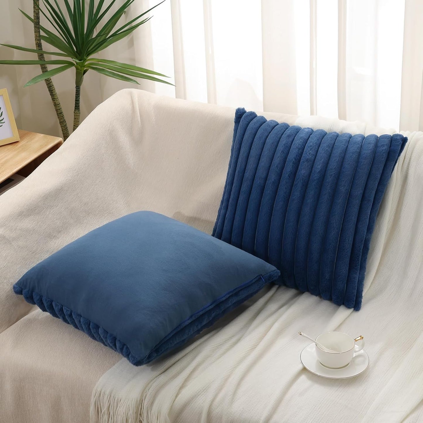 Pallene Faux Fur Plush Christmas Throw Pillow Covers 18x18 Set of 2 - Luxury Soft Fluffy Striped Decorative Pillow Covers for Sofa, Couch, Living Room - Cream White