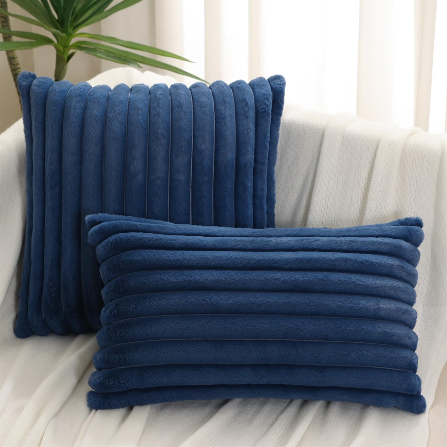 Pallene Faux Fur Plush Christmas Throw Pillow Covers 18x18 Set of 2 - Luxury Soft Fluffy Striped Decorative Pillow Covers for Sofa, Couch, Living Room - Cream White