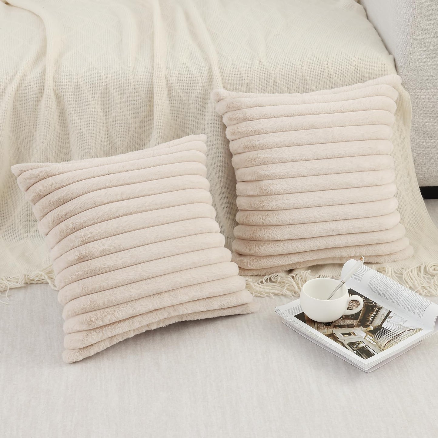 Pallene Faux Fur Plush Christmas Throw Pillow Covers 18x18 Set of 2 - Luxury Soft Fluffy Striped Decorative Pillow Covers for Sofa, Couch, Living Room - Cream White