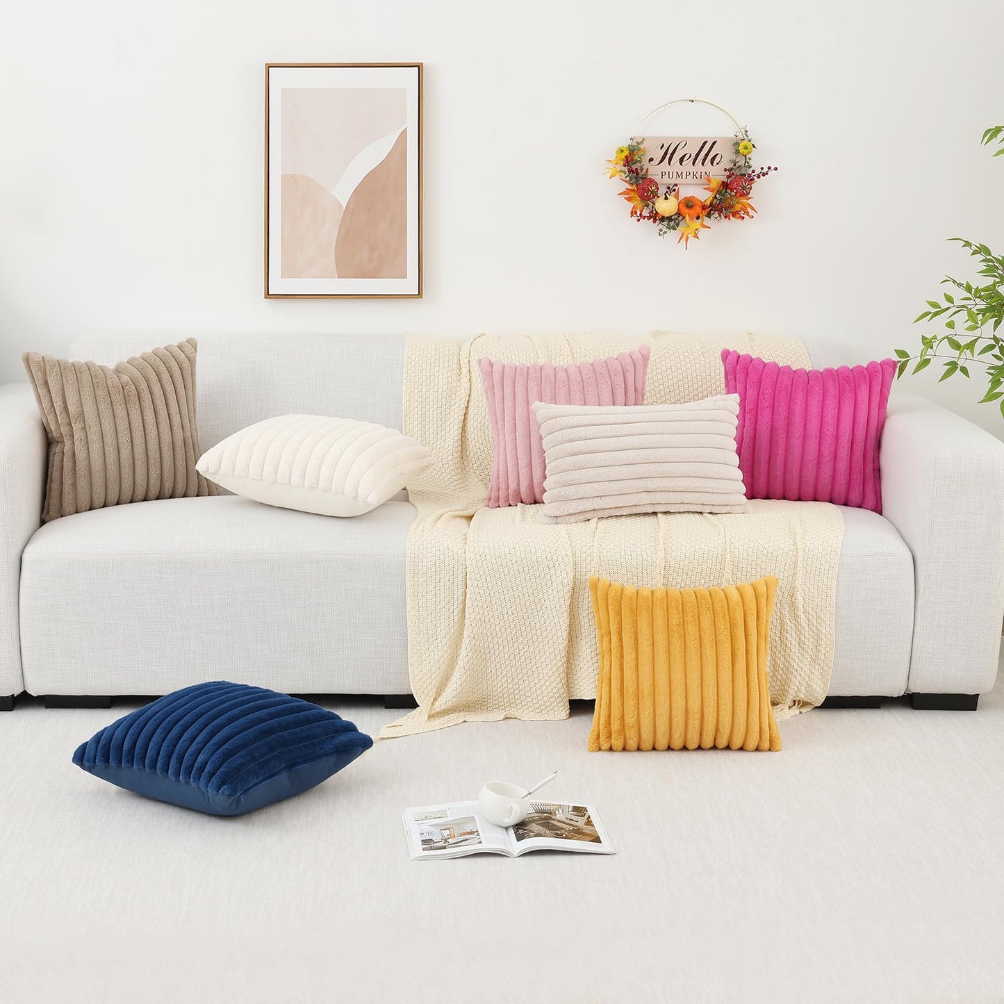 Pallene Faux Fur Plush Christmas Throw Pillow Covers 18x18 Set of 2 - Luxury Soft Fluffy Striped Decorative Pillow Covers for Sofa, Couch, Living Room - Cream White