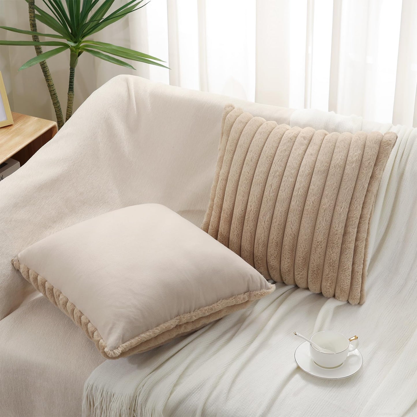 Pallene Faux Fur Plush Christmas Throw Pillow Covers 18x18 Set of 2 - Luxury Soft Fluffy Striped Decorative Pillow Covers for Sofa, Couch, Living Room - Cream White