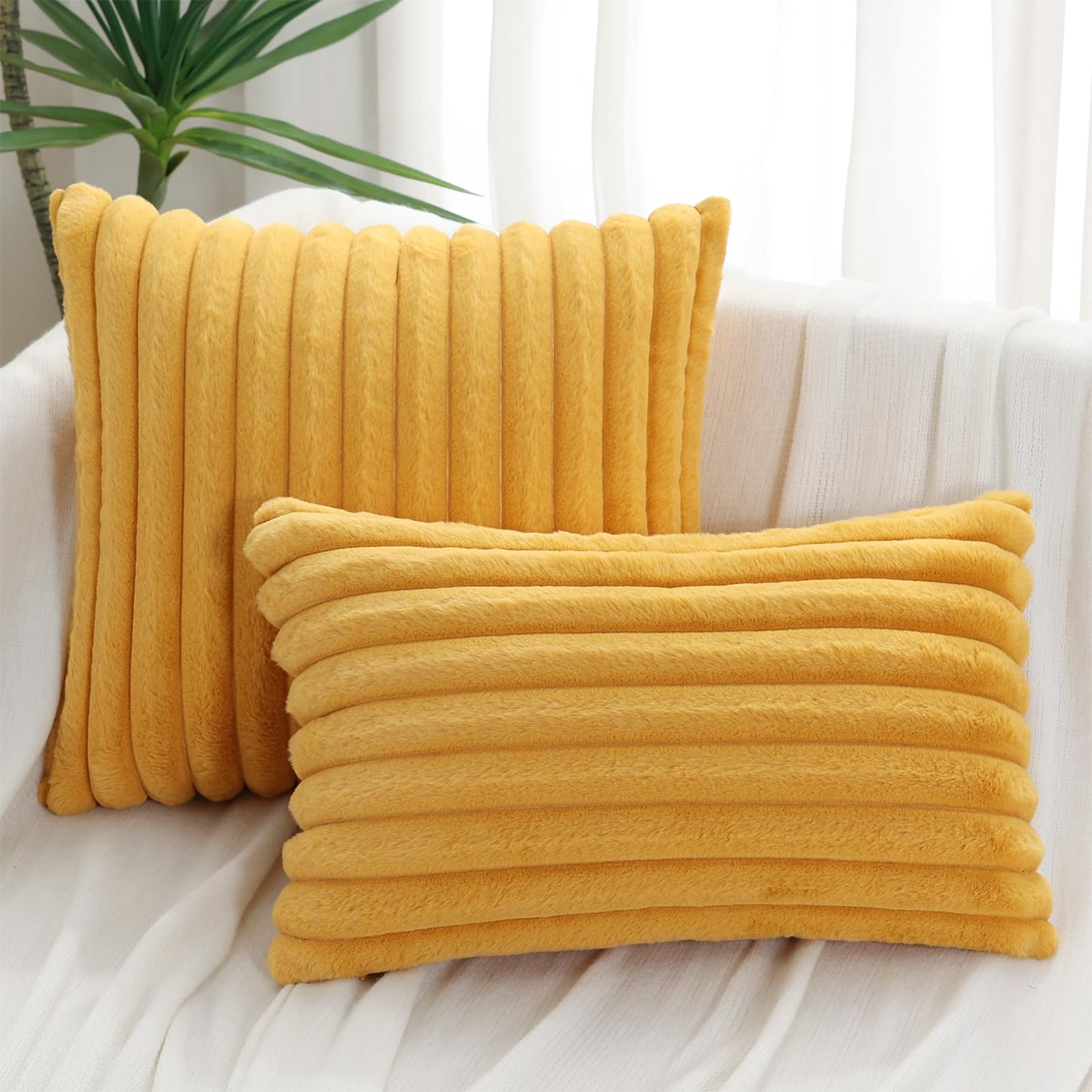 Pallene Faux Fur Plush Christmas Throw Pillow Covers 18x18 Set of 2 - Luxury Soft Fluffy Striped Decorative Pillow Covers for Sofa, Couch, Living Room - Cream White