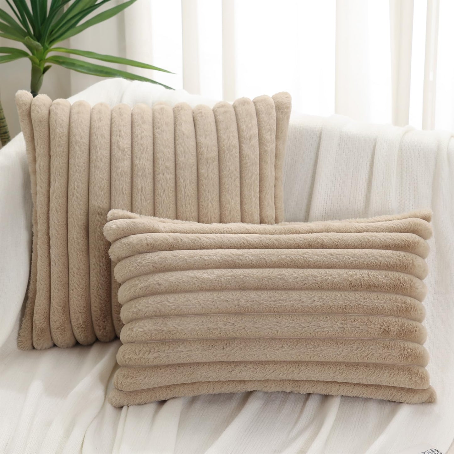 Pallene Faux Fur Plush Christmas Throw Pillow Covers 18x18 Set of 2 - Luxury Soft Fluffy Striped Decorative Pillow Covers for Sofa, Couch, Living Room - Cream White
