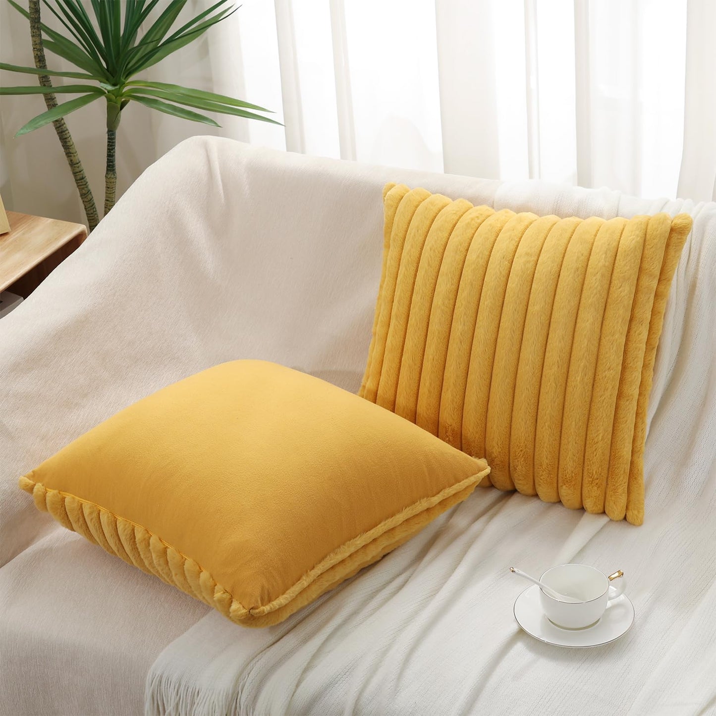 Pallene Faux Fur Plush Christmas Throw Pillow Covers 18x18 Set of 2 - Luxury Soft Fluffy Striped Decorative Pillow Covers for Sofa, Couch, Living Room - Cream White