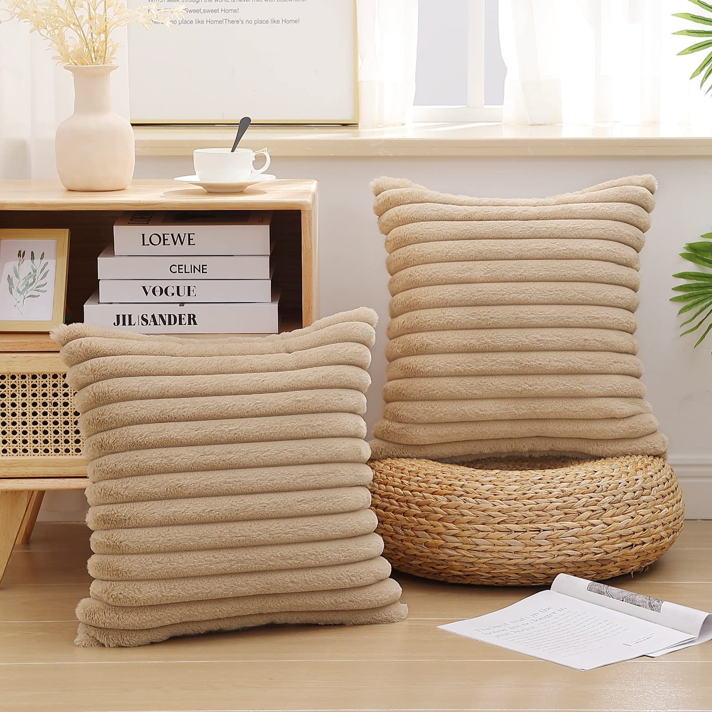 Pallene Faux Fur Plush Christmas Throw Pillow Covers 18x18 Set of 2 - Luxury Soft Fluffy Striped Decorative Pillow Covers for Sofa, Couch, Living Room - Cream White