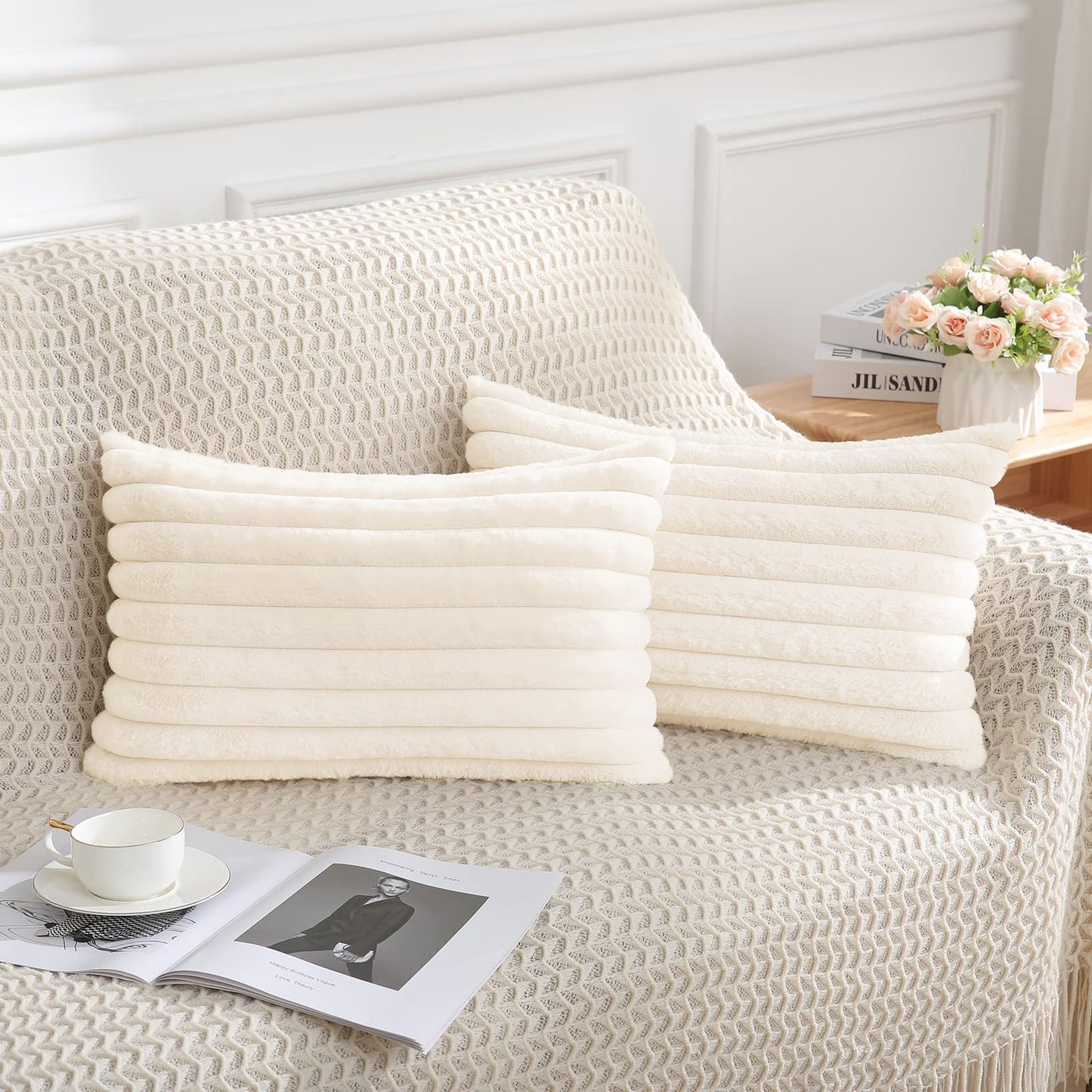 Pallene Faux Fur Plush Christmas Throw Pillow Covers 18x18 Set of 2 - Luxury Soft Fluffy Striped Decorative Pillow Covers for Sofa, Couch, Living Room - Cream White