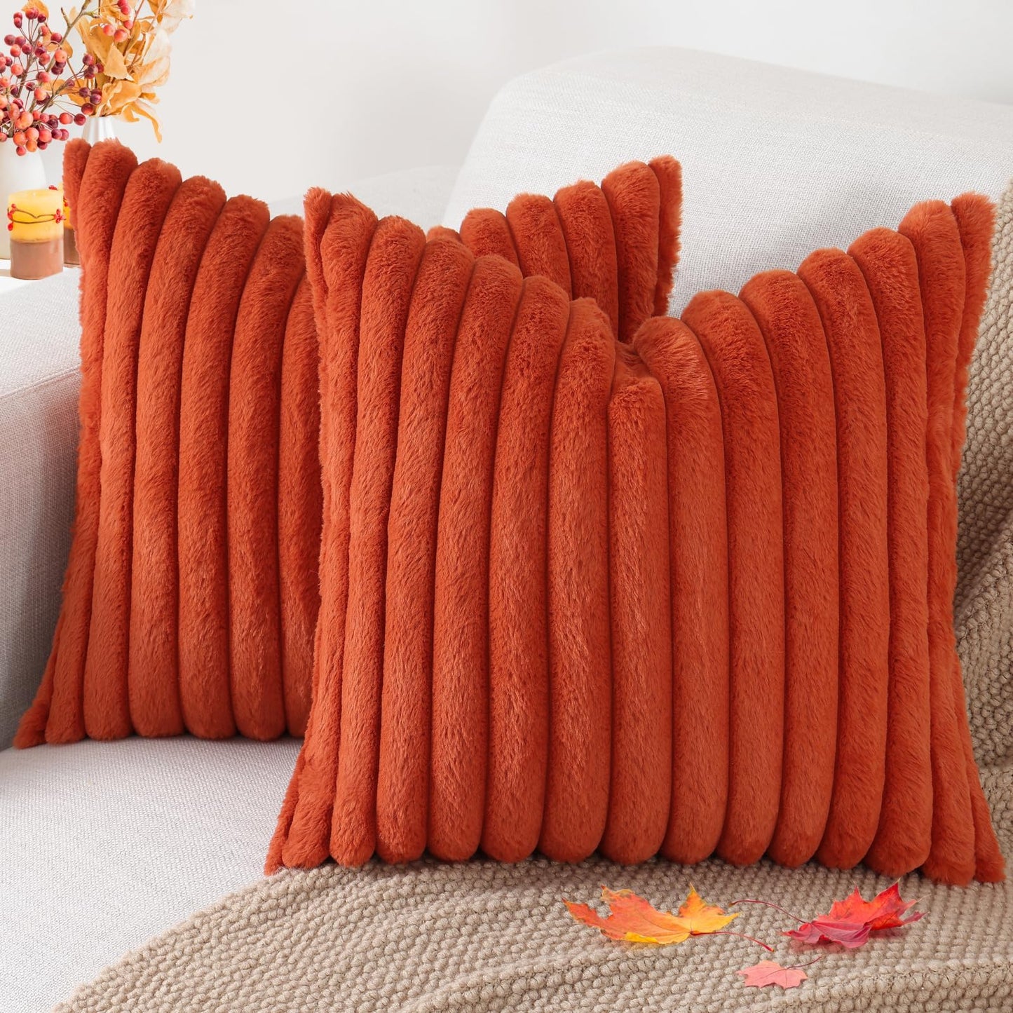 Pallene Faux Fur Plush Christmas Throw Pillow Covers 18x18 Set of 2 - Luxury Soft Fluffy Striped Decorative Pillow Covers for Sofa, Couch, Living Room - Cream White