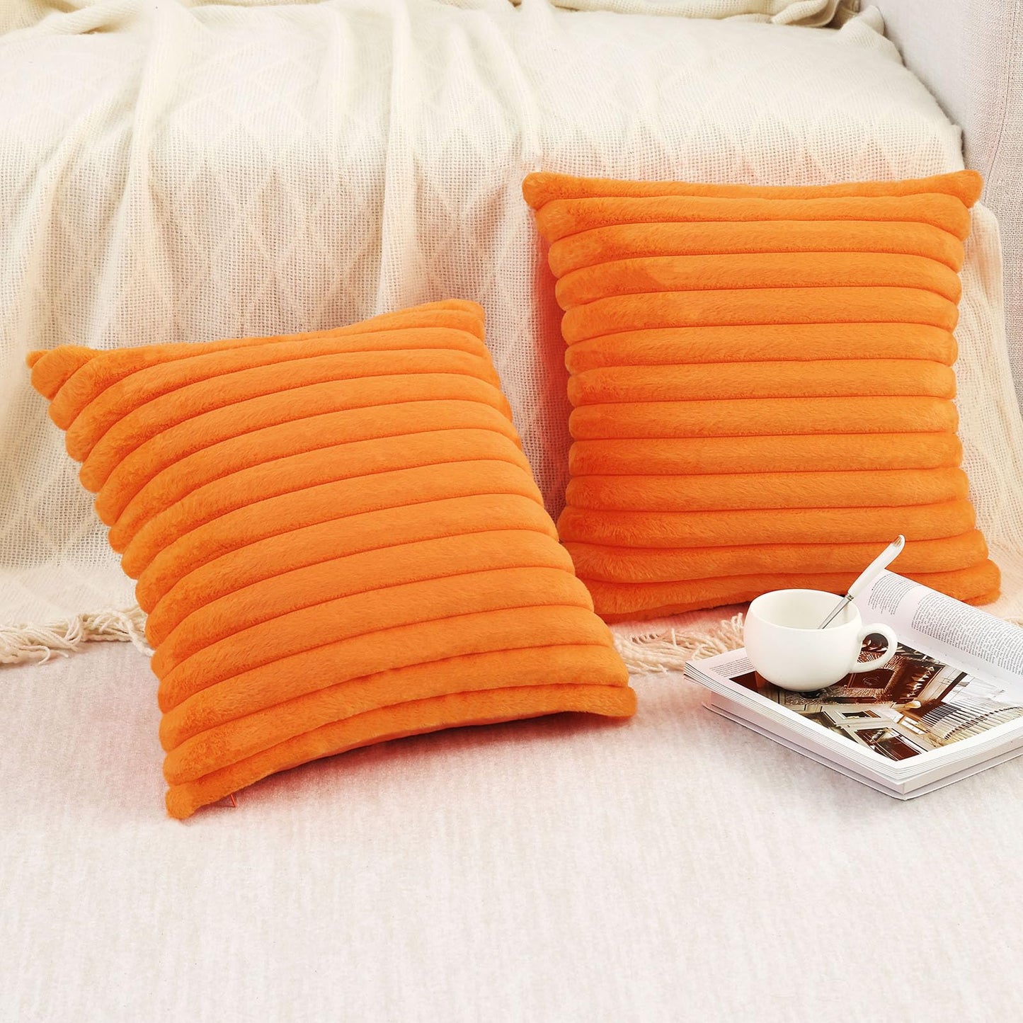 Pallene Faux Fur Plush Christmas Throw Pillow Covers 18x18 Set of 2 - Luxury Soft Fluffy Striped Decorative Pillow Covers for Sofa, Couch, Living Room - Cream White