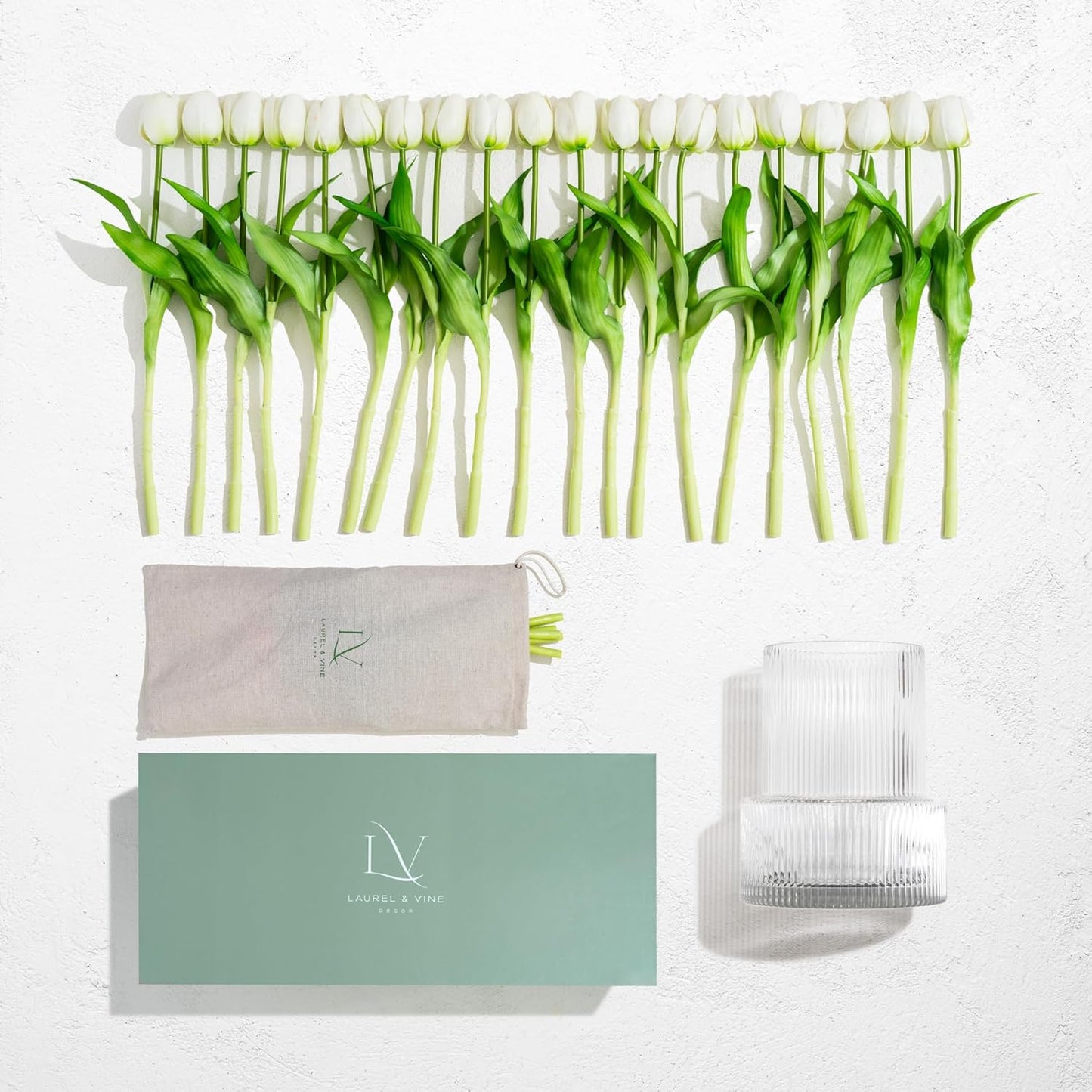 Tulip and Vase Ribbed Glass with 20 White Tulips Artificial Flowers Gift Set Fluted Clear Flower Short Vase and Fake Tulips Look Real Entryway Living Room Table Office Shelf Decor Faux High End Gift