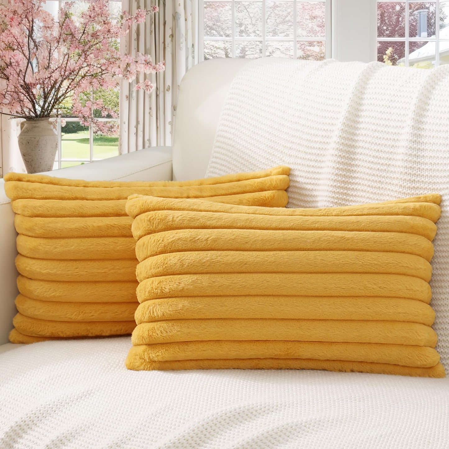 Pallene Faux Fur Plush Christmas Throw Pillow Covers 18x18 Set of 2 - Luxury Soft Fluffy Striped Decorative Pillow Covers for Sofa, Couch, Living Room - Cream White