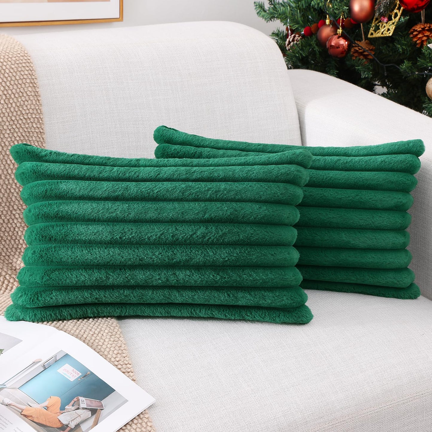 Pallene Faux Fur Plush Christmas Throw Pillow Covers 18x18 Set of 2 - Luxury Soft Fluffy Striped Decorative Pillow Covers for Sofa, Couch, Living Room - Cream White