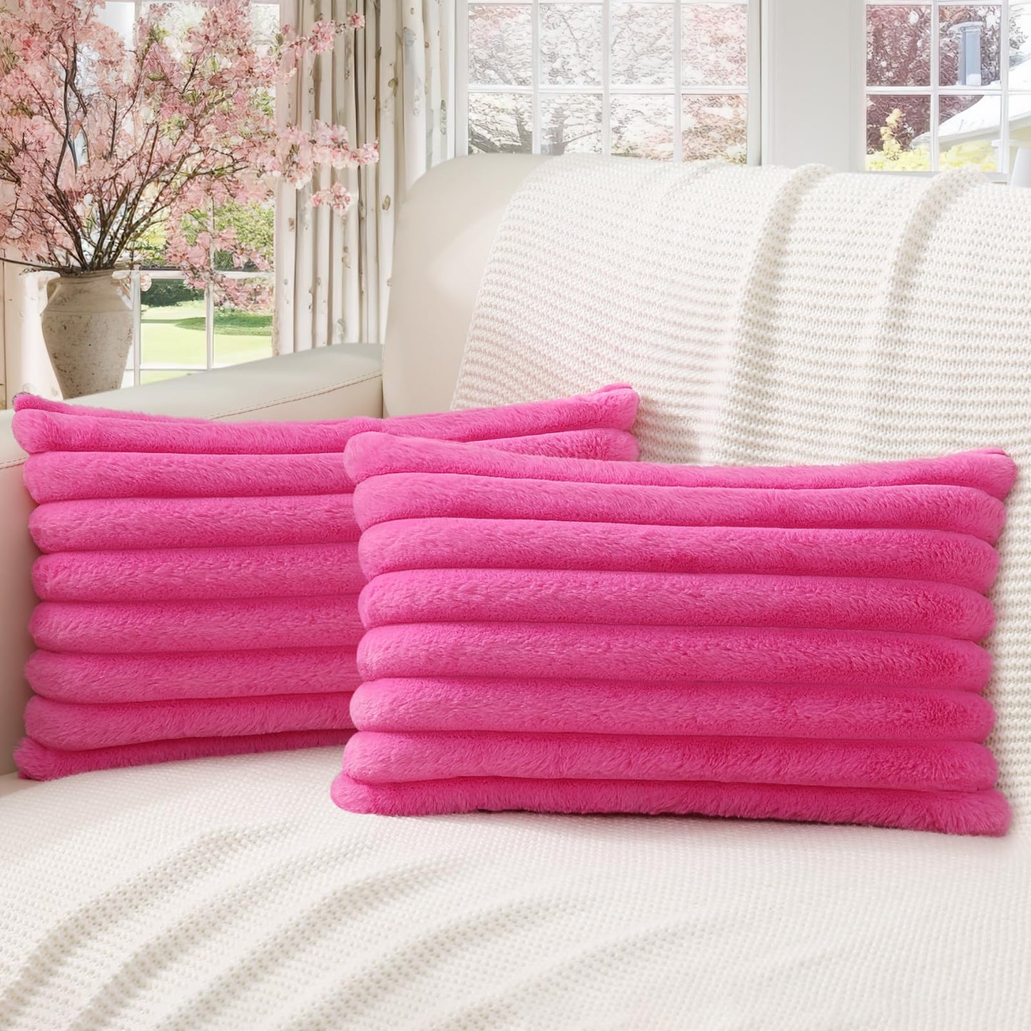 Pallene Faux Fur Plush Christmas Throw Pillow Covers 18x18 Set of 2 - Luxury Soft Fluffy Striped Decorative Pillow Covers for Sofa, Couch, Living Room - Cream White