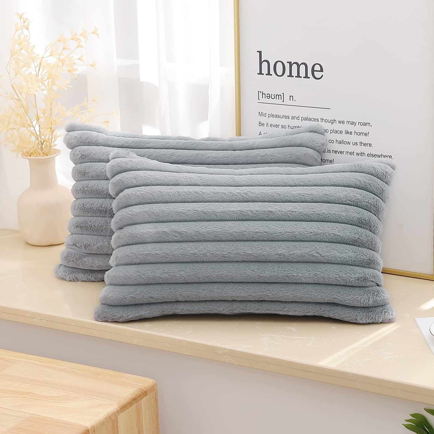 Pallene Faux Fur Plush Christmas Throw Pillow Covers 18x18 Set of 2 - Luxury Soft Fluffy Striped Decorative Pillow Covers for Sofa, Couch, Living Room - Cream White