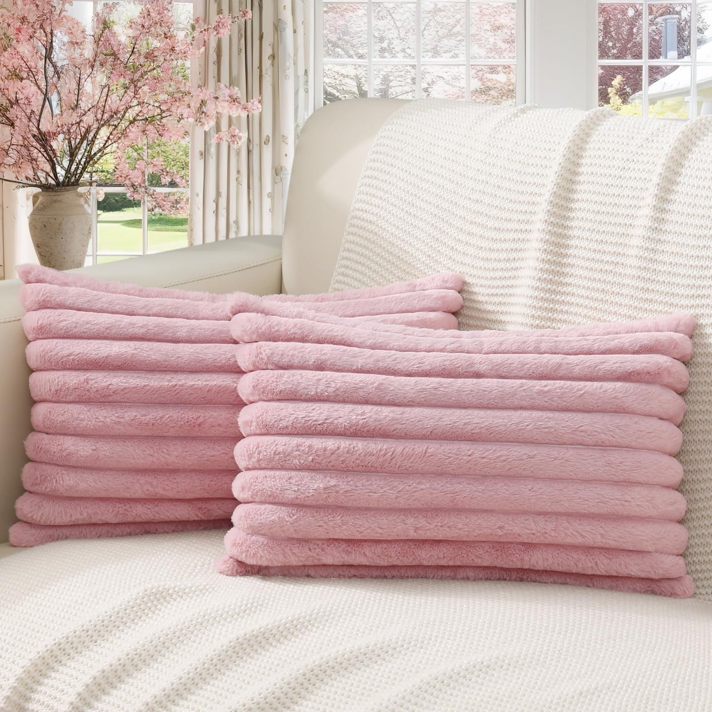 Pallene Faux Fur Plush Christmas Throw Pillow Covers 18x18 Set of 2 - Luxury Soft Fluffy Striped Decorative Pillow Covers for Sofa, Couch, Living Room - Cream White