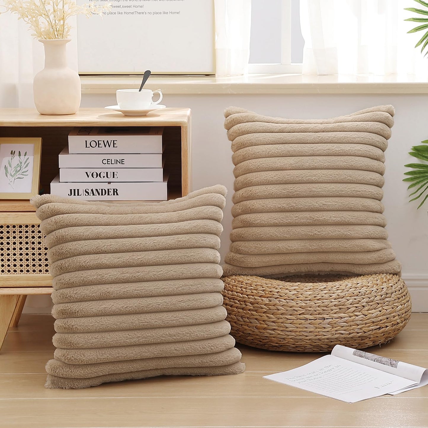 Pallene Faux Fur Plush Christmas Throw Pillow Covers 18x18 Set of 2 - Luxury Soft Fluffy Striped Decorative Pillow Covers for Sofa, Couch, Living Room - Cream White