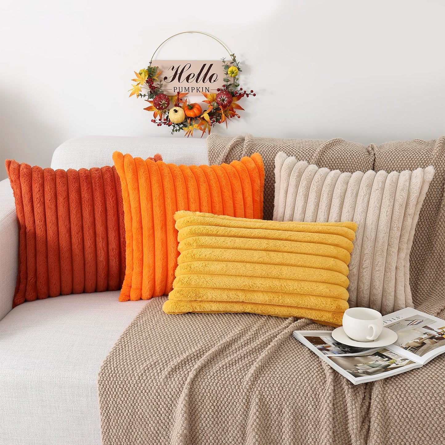Pallene Faux Fur Plush Christmas Throw Pillow Covers 18x18 Set of 2 - Luxury Soft Fluffy Striped Decorative Pillow Covers for Sofa, Couch, Living Room - Cream White