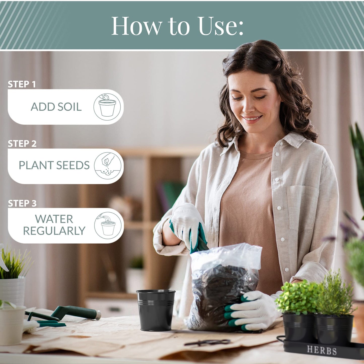 Barnyard Designs Indoor Herb Garden Planter Set with Tray, Metal Windowsill Plant Pots with Drainage for Outdoor or Indoor Plants, Set/3 (Soft Mint)