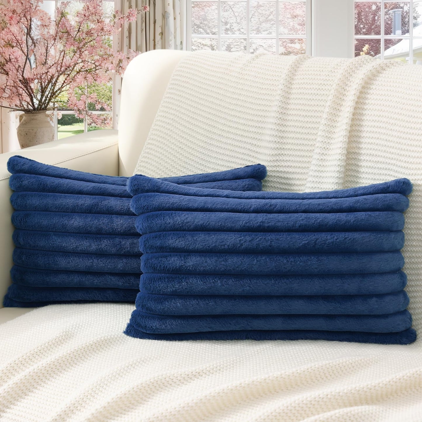 Pallene Faux Fur Plush Christmas Throw Pillow Covers 18x18 Set of 2 - Luxury Soft Fluffy Striped Decorative Pillow Covers for Sofa, Couch, Living Room - Cream White