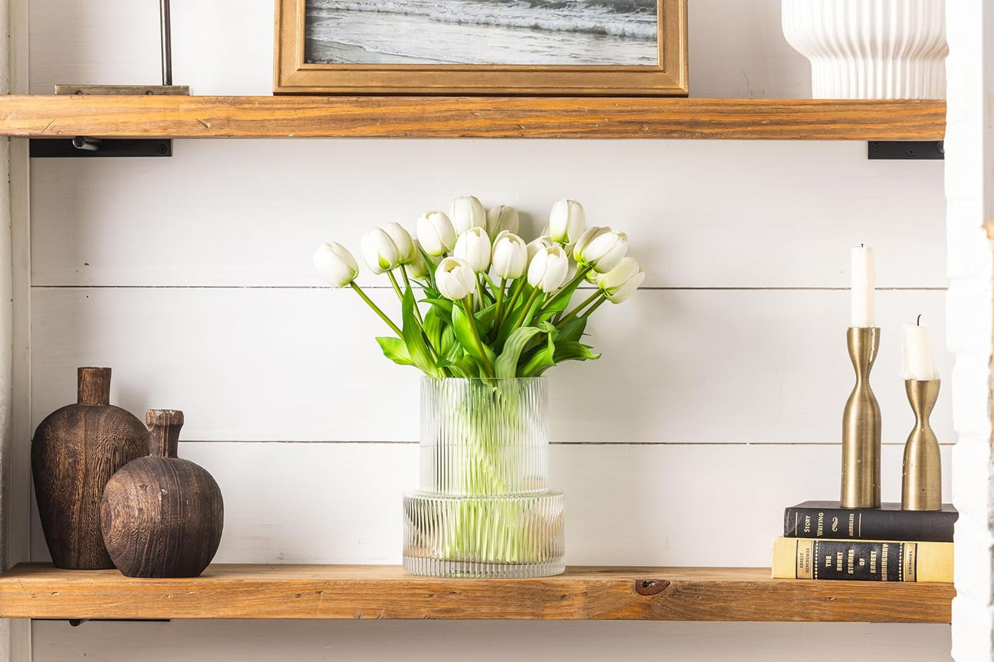 Tulip and Vase Ribbed Glass with 20 White Tulips Artificial Flowers Gift Set Fluted Clear Flower Short Vase and Fake Tulips Look Real Entryway Living Room Table Office Shelf Decor Faux High End Gift