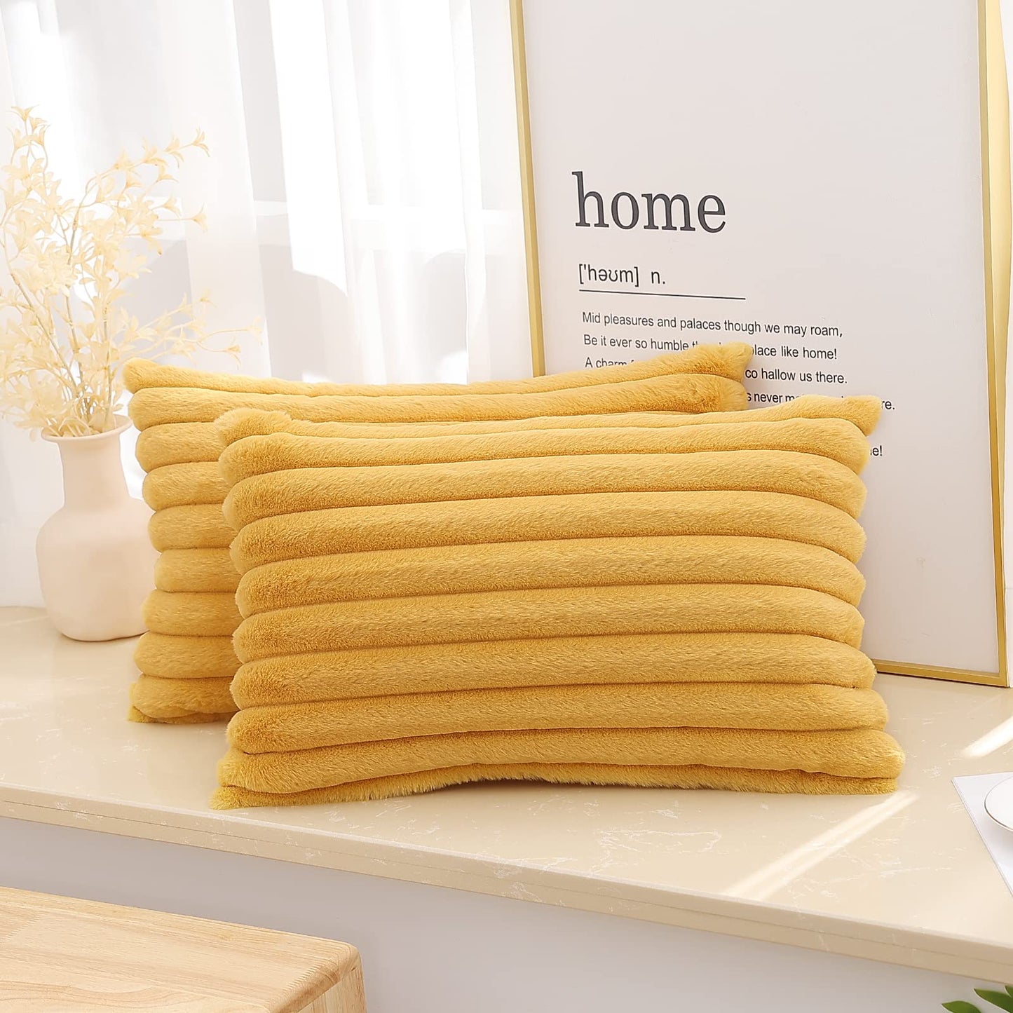Pallene Faux Fur Plush Christmas Throw Pillow Covers 18x18 Set of 2 - Luxury Soft Fluffy Striped Decorative Pillow Covers for Sofa, Couch, Living Room - Cream White