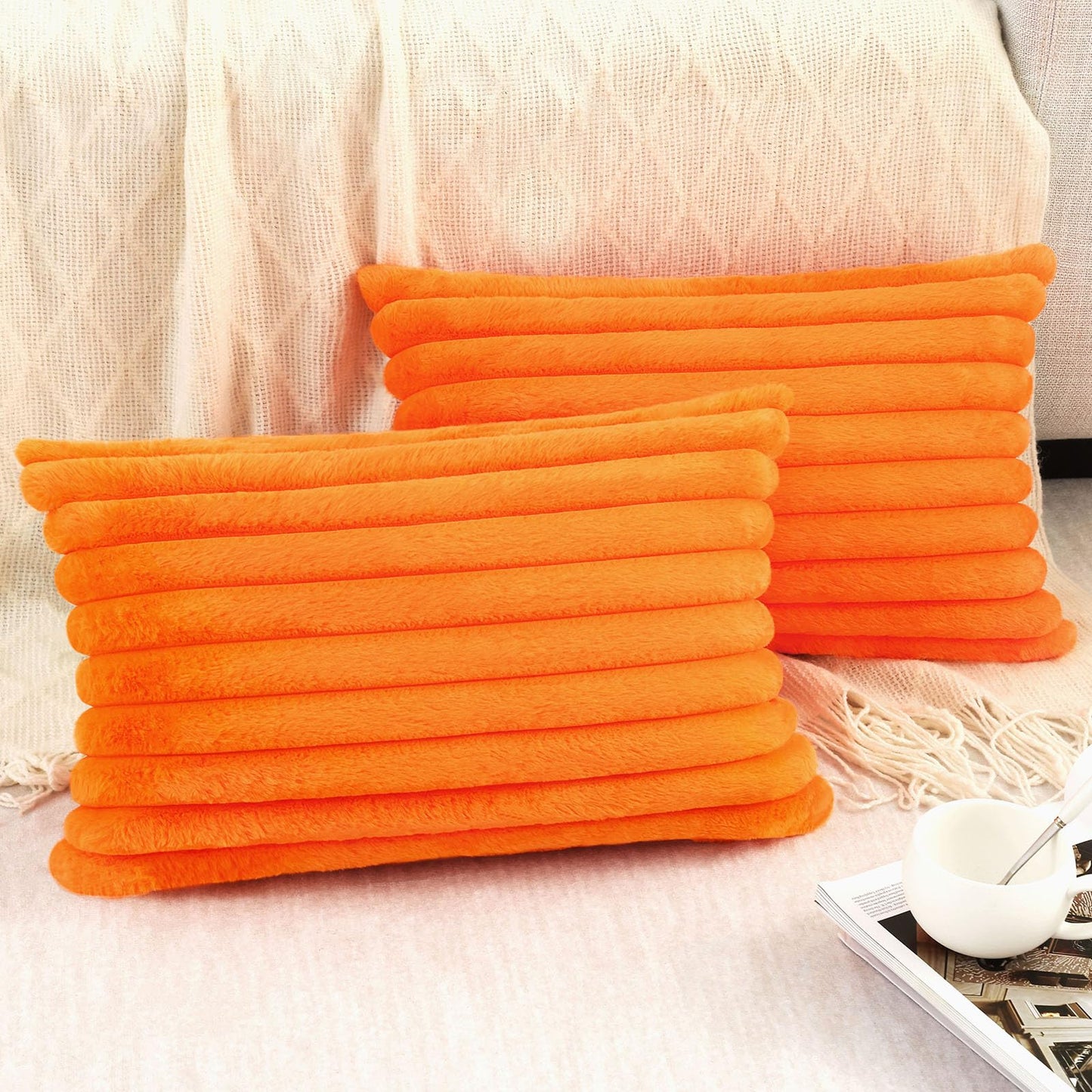 Pallene Faux Fur Plush Christmas Throw Pillow Covers 18x18 Set of 2 - Luxury Soft Fluffy Striped Decorative Pillow Covers for Sofa, Couch, Living Room - Cream White