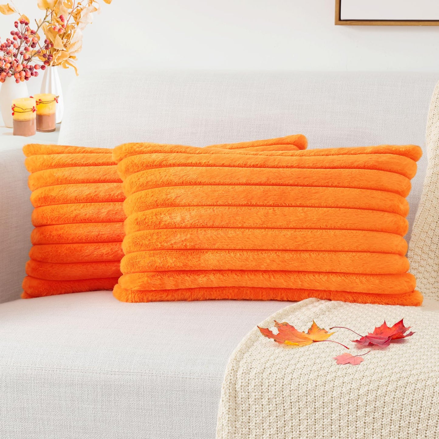 Pallene Faux Fur Plush Christmas Throw Pillow Covers 18x18 Set of 2 - Luxury Soft Fluffy Striped Decorative Pillow Covers for Sofa, Couch, Living Room - Cream White