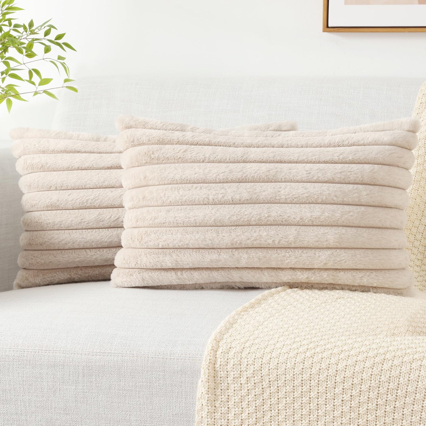 Pallene Faux Fur Plush Christmas Throw Pillow Covers 18x18 Set of 2 - Luxury Soft Fluffy Striped Decorative Pillow Covers for Sofa, Couch, Living Room - Cream White