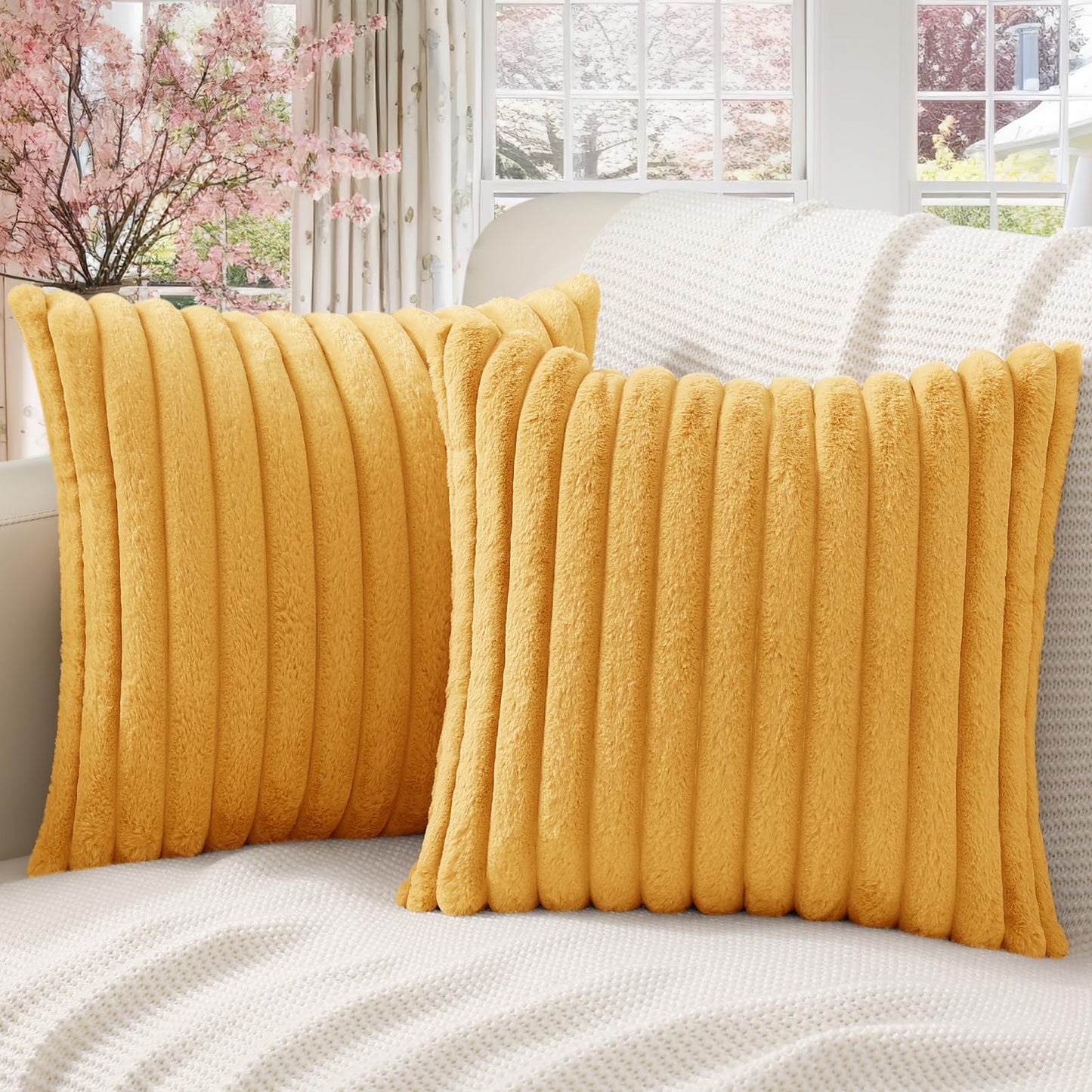 Pallene Faux Fur Plush Christmas Throw Pillow Covers 18x18 Set of 2 - Luxury Soft Fluffy Striped Decorative Pillow Covers for Sofa, Couch, Living Room - Cream White