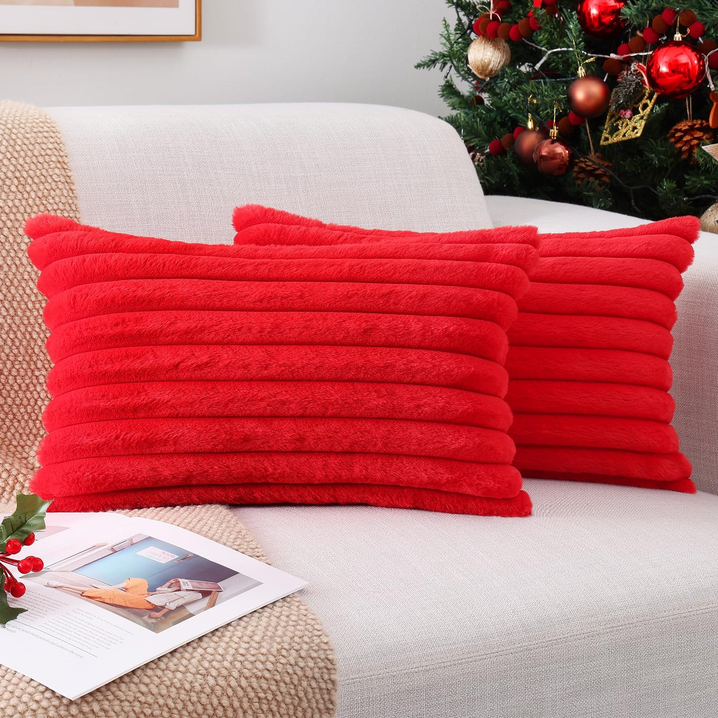 Pallene Faux Fur Plush Christmas Throw Pillow Covers 18x18 Set of 2 - Luxury Soft Fluffy Striped Decorative Pillow Covers for Sofa, Couch, Living Room - Cream White