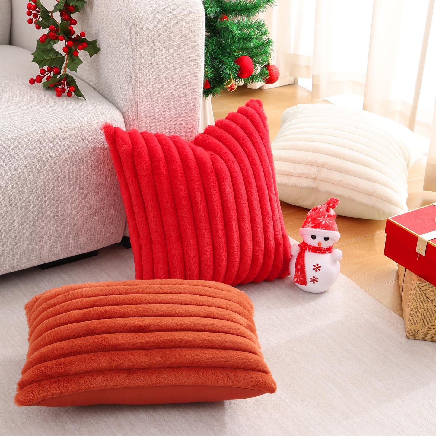 Pallene Faux Fur Plush Christmas Throw Pillow Covers 18x18 Set of 2 - Luxury Soft Fluffy Striped Decorative Pillow Covers for Sofa, Couch, Living Room - Cream White