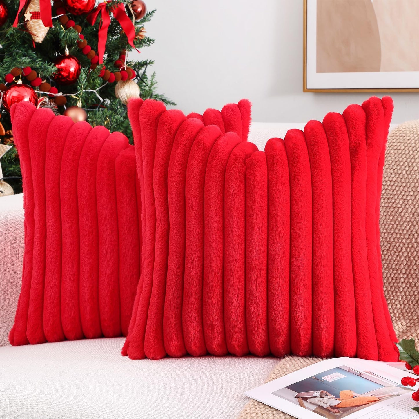 Pallene Faux Fur Plush Christmas Throw Pillow Covers 18x18 Set of 2 - Luxury Soft Fluffy Striped Decorative Pillow Covers for Sofa, Couch, Living Room - Cream White