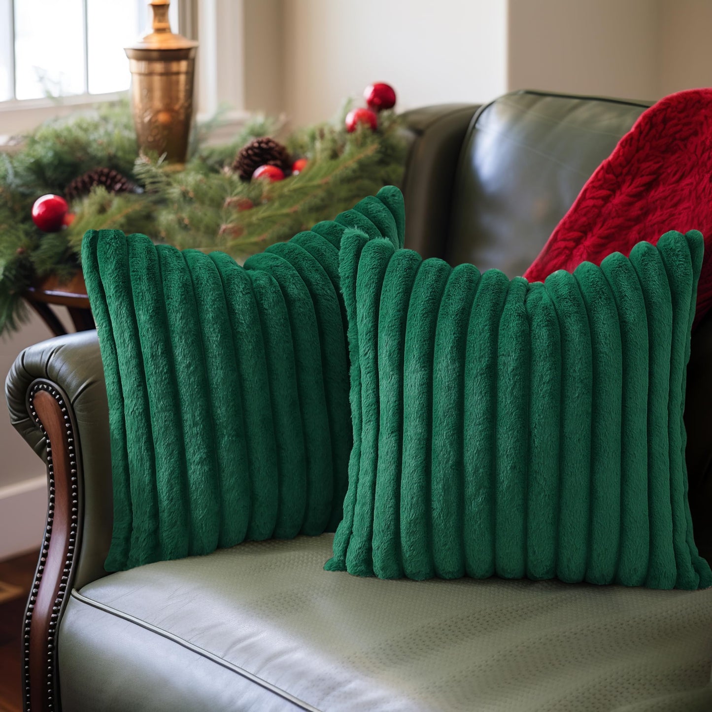 Pallene Faux Fur Plush Christmas Throw Pillow Covers 18x18 Set of 2 - Luxury Soft Fluffy Striped Decorative Pillow Covers for Sofa, Couch, Living Room - Cream White