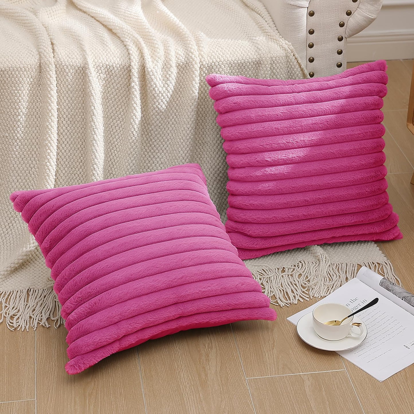 Pallene Faux Fur Plush Christmas Throw Pillow Covers 18x18 Set of 2 - Luxury Soft Fluffy Striped Decorative Pillow Covers for Sofa, Couch, Living Room - Cream White