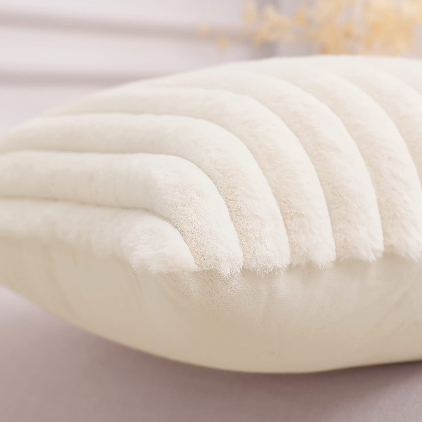 Pallene Faux Fur Plush Christmas Throw Pillow Covers 18x18 Set of 2 - Luxury Soft Fluffy Striped Decorative Pillow Covers for Sofa, Couch, Living Room - Cream White