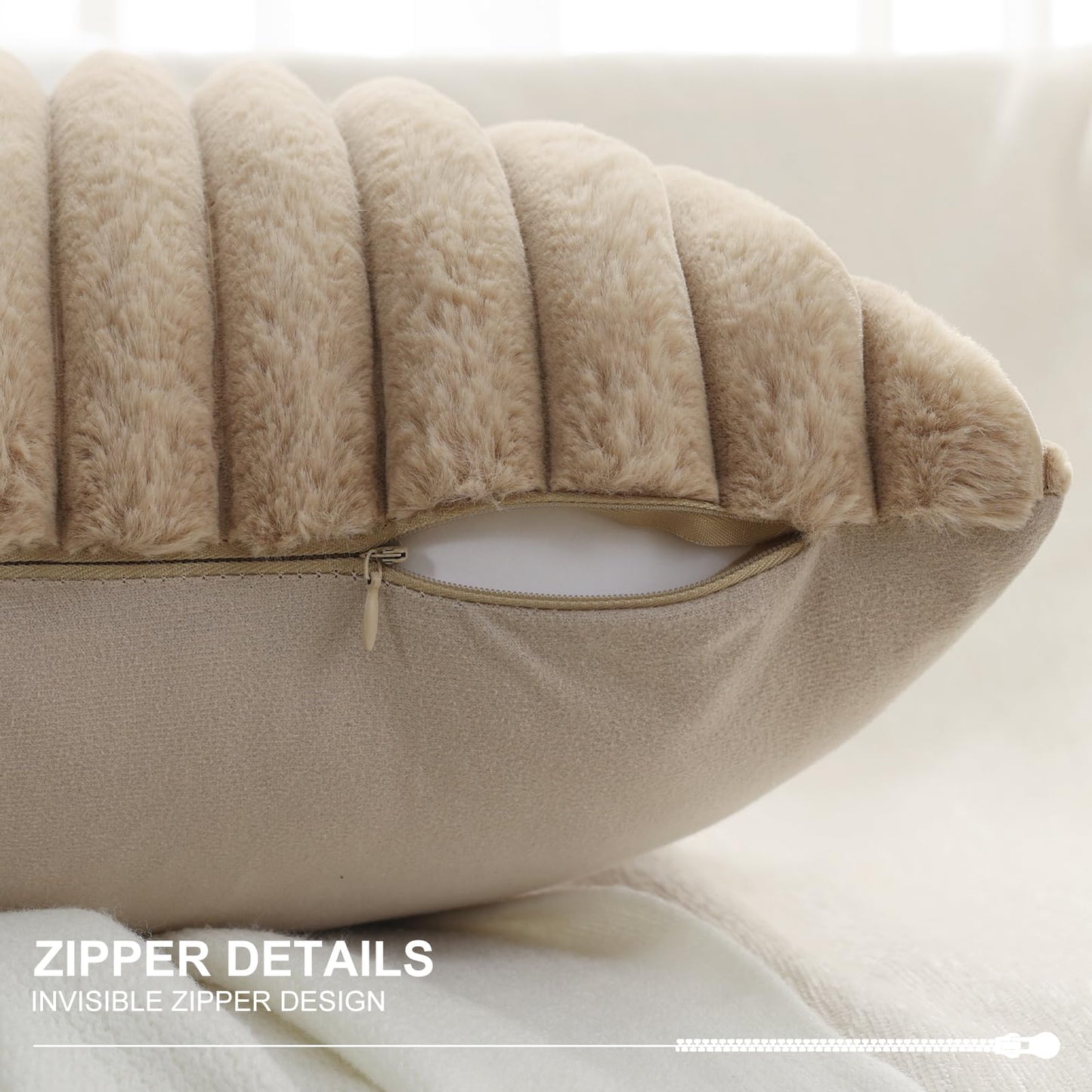 Pallene Faux Fur Plush Christmas Throw Pillow Covers 18x18 Set of 2 - Luxury Soft Fluffy Striped Decorative Pillow Covers for Sofa, Couch, Living Room - Cream White