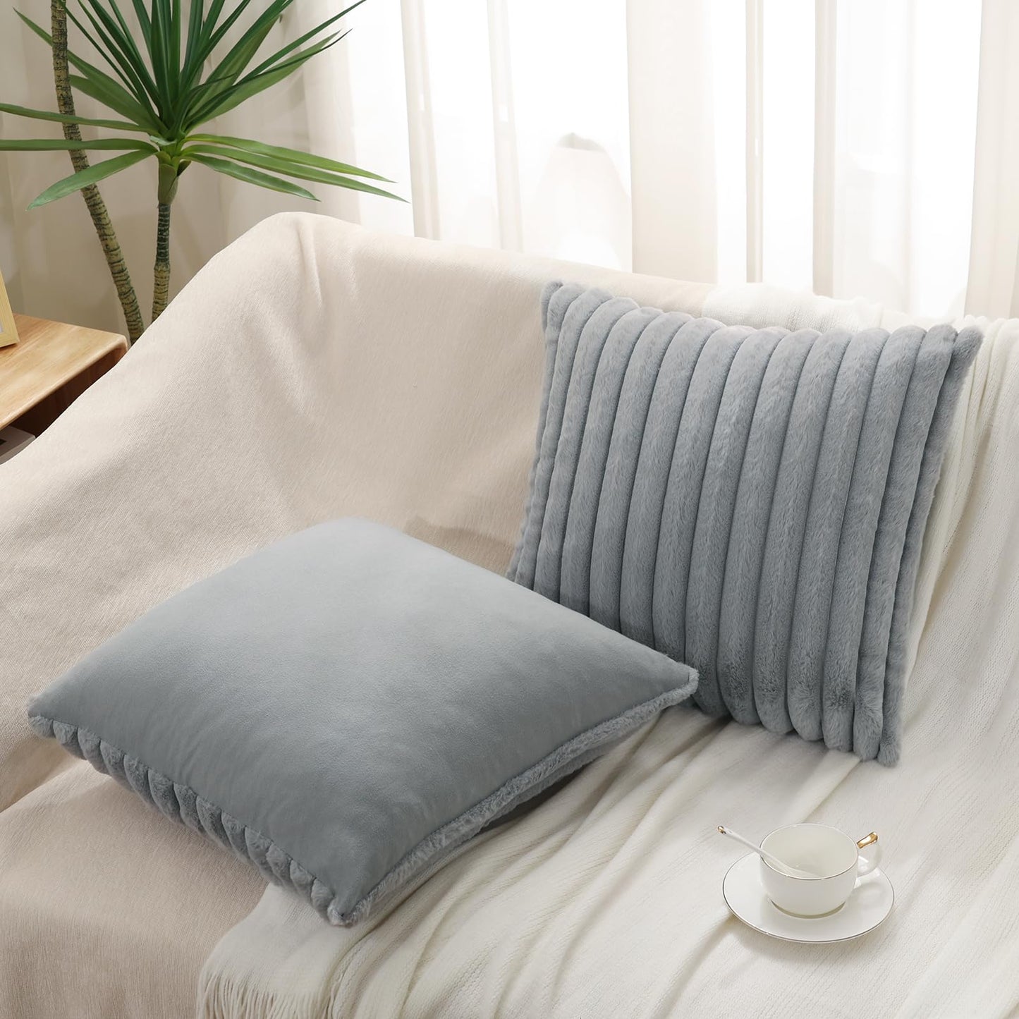 Pallene Faux Fur Plush Christmas Throw Pillow Covers 18x18 Set of 2 - Luxury Soft Fluffy Striped Decorative Pillow Covers for Sofa, Couch, Living Room - Cream White