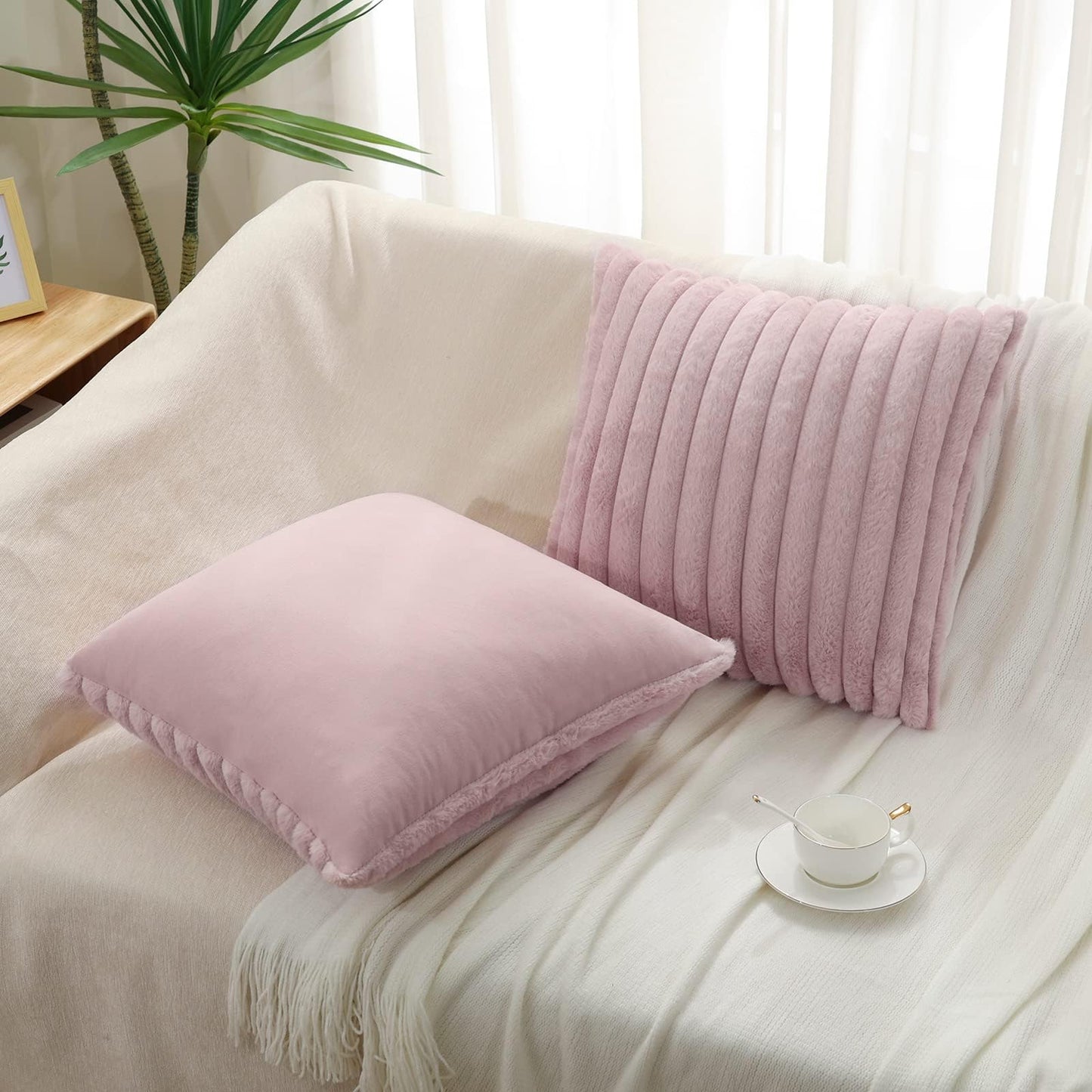Pallene Faux Fur Plush Christmas Throw Pillow Covers 18x18 Set of 2 - Luxury Soft Fluffy Striped Decorative Pillow Covers for Sofa, Couch, Living Room - Cream White