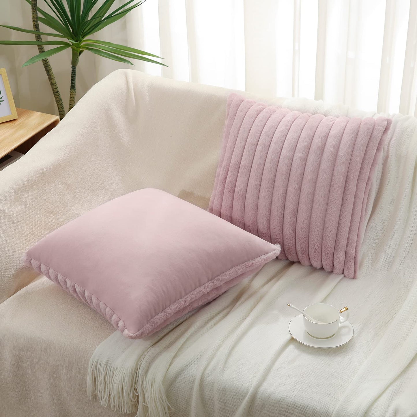 Pallene Faux Fur Plush Christmas Throw Pillow Covers 18x18 Set of 2 - Luxury Soft Fluffy Striped Decorative Pillow Covers for Sofa, Couch, Living Room - Cream White