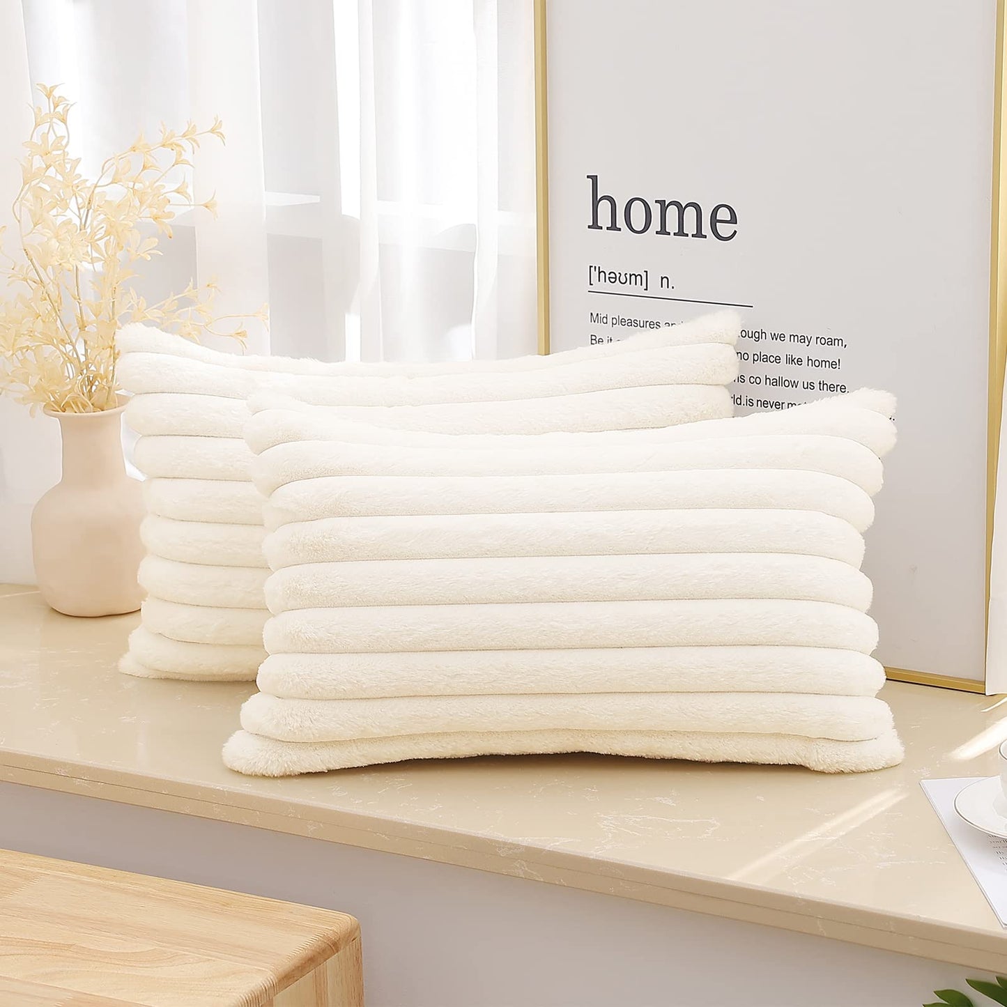 Pallene Faux Fur Plush Christmas Throw Pillow Covers 18x18 Set of 2 - Luxury Soft Fluffy Striped Decorative Pillow Covers for Sofa, Couch, Living Room - Cream White