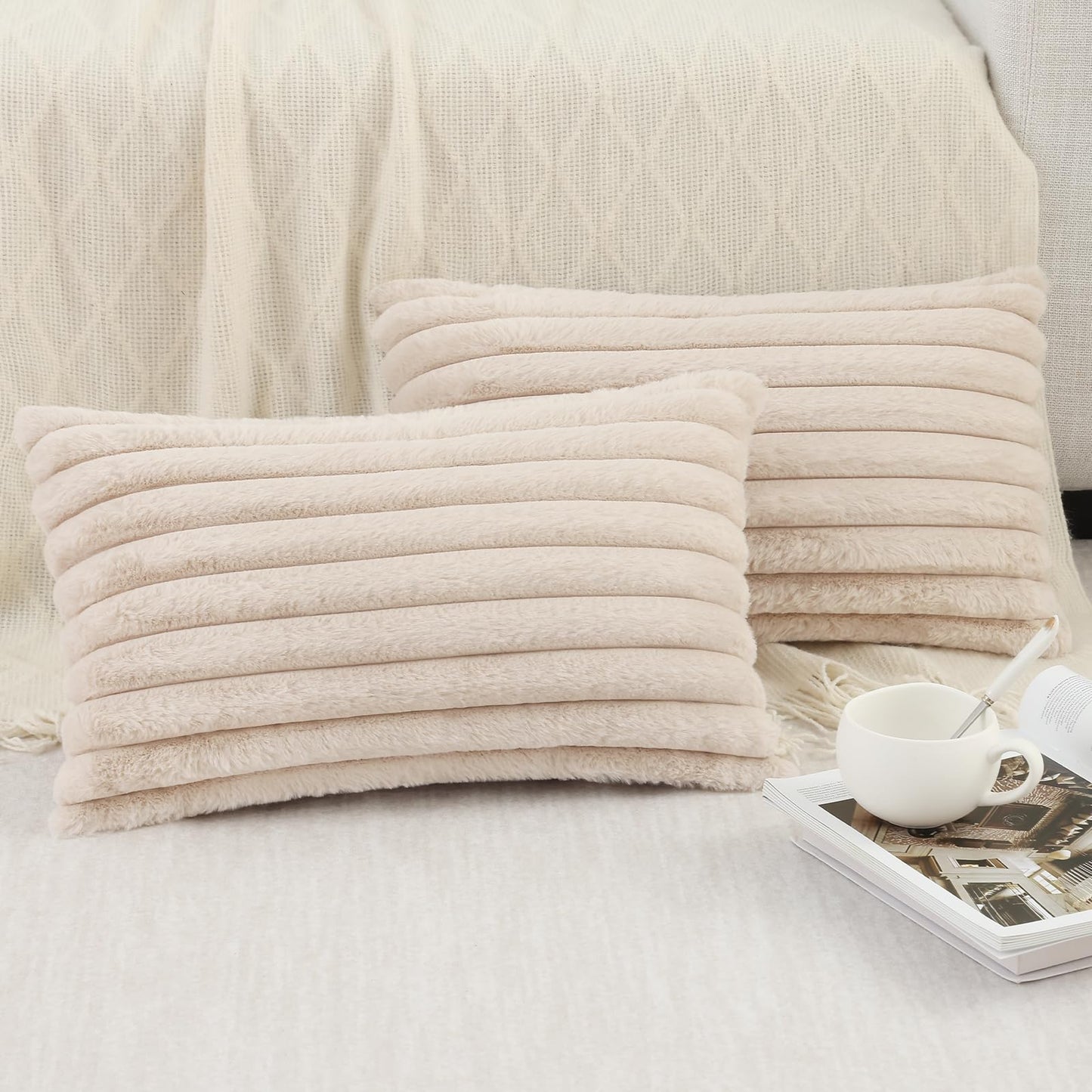 Pallene Faux Fur Plush Christmas Throw Pillow Covers 18x18 Set of 2 - Luxury Soft Fluffy Striped Decorative Pillow Covers for Sofa, Couch, Living Room - Cream White